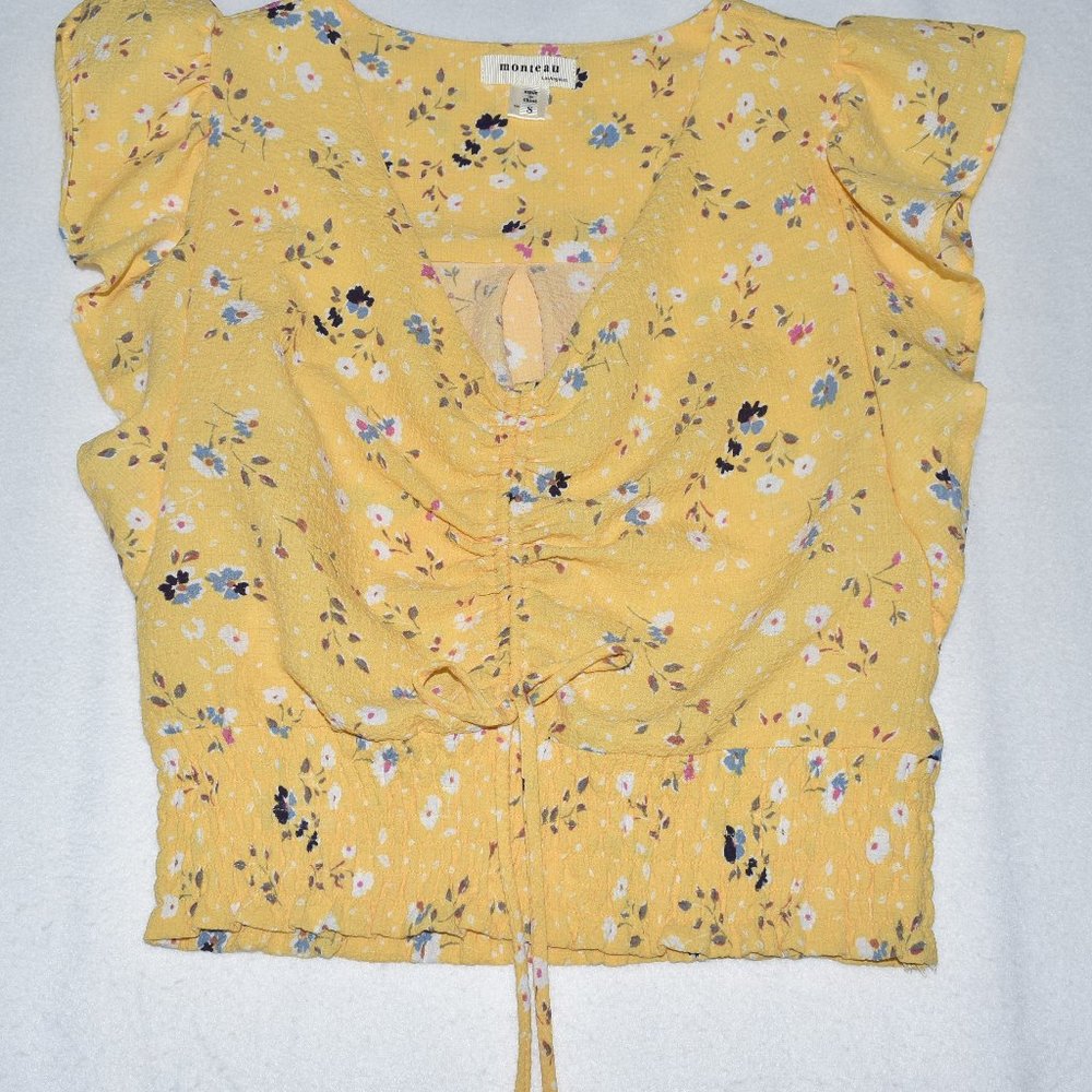 Monteau Crop Top Sz S  Yellow Floral V-Neck Flutter sleeve